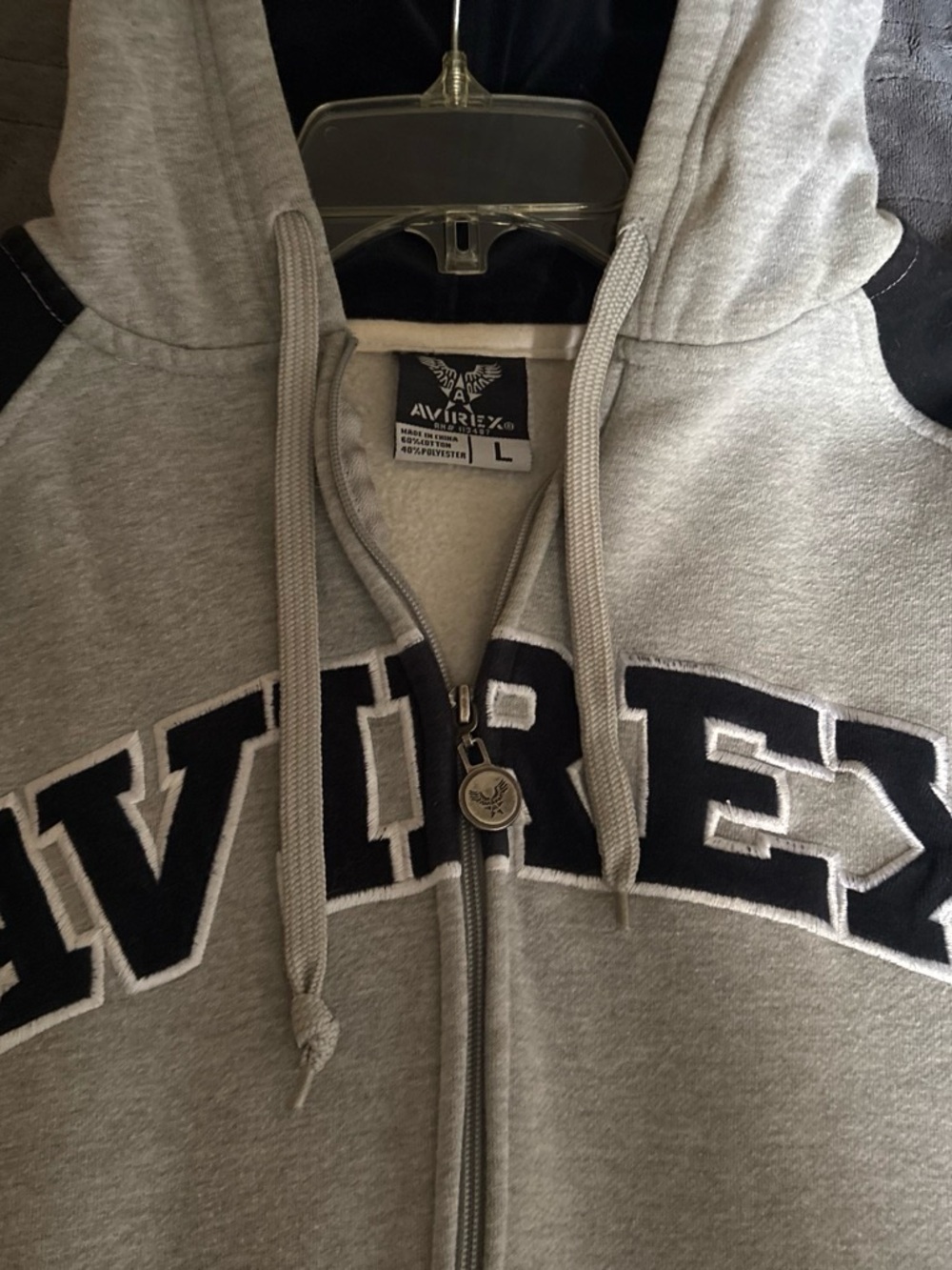 Avirex Men’s Light Gray Zip Hoodie with Black Lettering